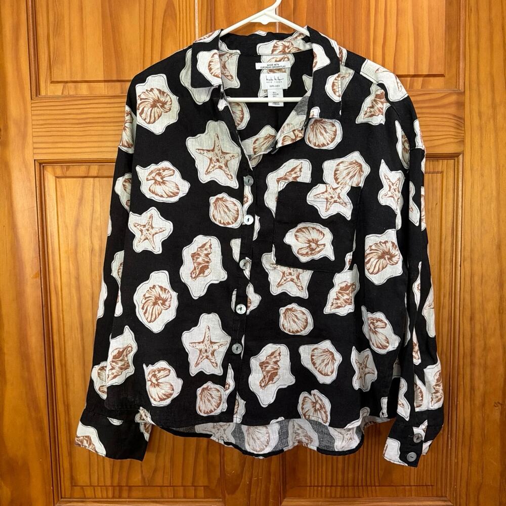Nicole Miller 100% Linen Black Button Down Shirt with Seashell Print Size Large